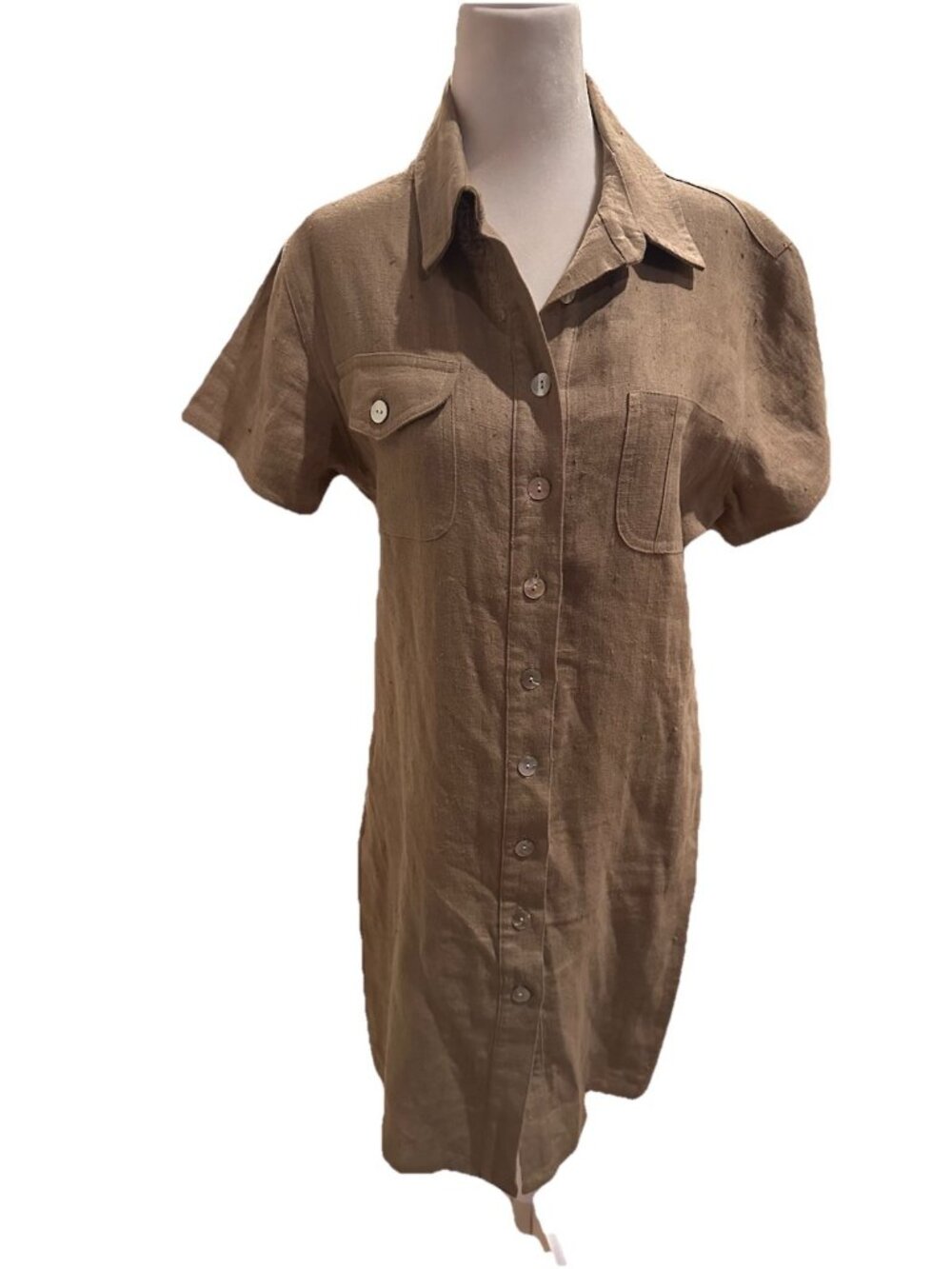 Coldwater Creek Vintage 100% Linen Brown Button-Up Shirt Dress size 6 USA Made